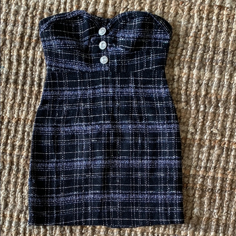 Black and White Plaid Strapless Dress